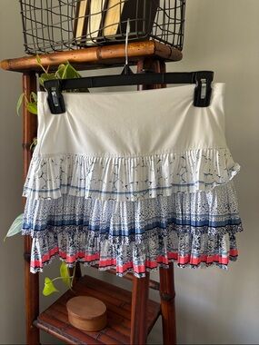 Golf/ Tennis White Tiered Ruffle Mini Skirt with Blue & Coral Accents